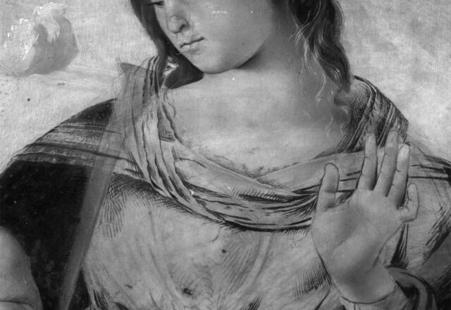 Luca SIGNORELLI - La Vierge à l’Enfant entre Saint Jérôme et un pasteur. Détail en réflectographie IR, une ébauche sous-jacente met en évidence un dessin sec et liquide / ©Arcanes