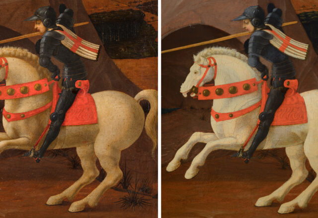 Saint Georges et le dragon, détail avant et après restauration / ©Arcanes