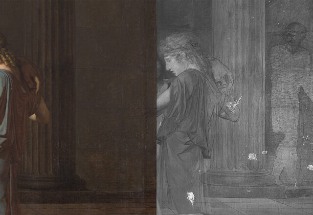 P.C. DESMARETS, La mort d'Anacréon - Photographie en lumière directe et en réflectographie infrarouges - Un personnage se trouvait à côté de la colonne dans la composition initiale / © Arcanes